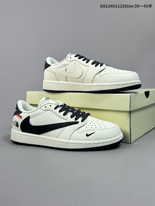 25036-45半定制球鞋 The North Face x Supreme x Travis Scott x Air Jordan 1 Low低帮 米白黑倒勾联名货号DIY1688-004