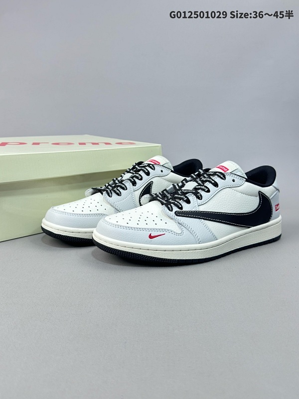 25036-45半 定制球鞋 Supreme x Travis Scott x Air Jordan 1 Low Sup x AJ1 低帮 灰白黑倒勾联名货号SJ2068-119