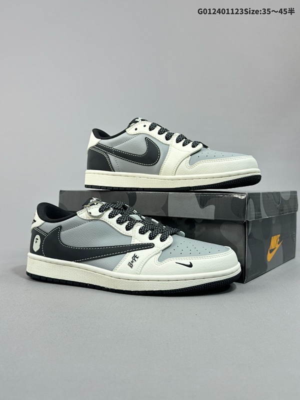 25036-45半 公司级 头层定制球鞋 Bape x Travis Scott x Air Jordan 1 Low Bape x AJ1 低帮 灰白黑倒勾联名货号BB6511-626