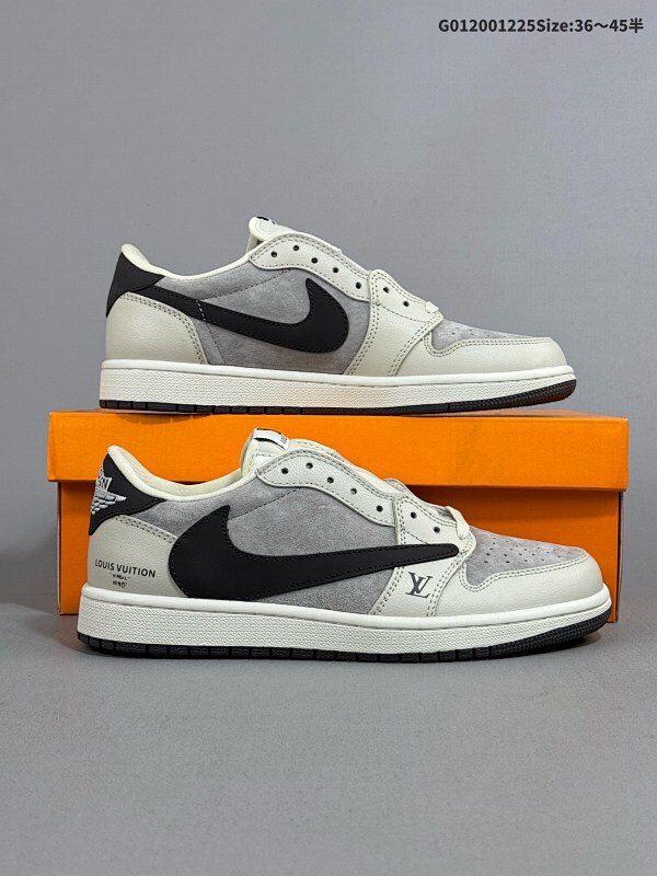 20036-45半 定制球鞋 Louis Vuitton x Travis Scott x Air Jordan 1 Low低帮 LV灰白棕倒勾联名货号LX1988-100