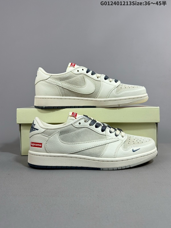 24036-45半 定制球鞋 Supreme x Travis Scott x Air Jordan 1 Low Sup x AJ1 低帮 米白灰倒勾联名货号BB7518-001