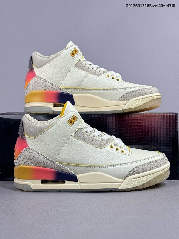 26040-47.5半 J Balvin x Air Jordan 3 联名款 渐变彩虹笑脸 AJ3 乔丹3代 aj3 联名白蓝红 乔丹篮球鞋系列货号FN0344-901