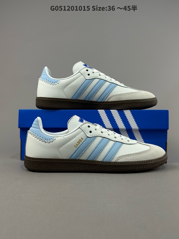 Adidas Originals Samba OG桑巴舞系列绅士德训足球风百搭低帮休闲运动板鞋皮革白灰宝宝蓝焦糖底 货号JI2003