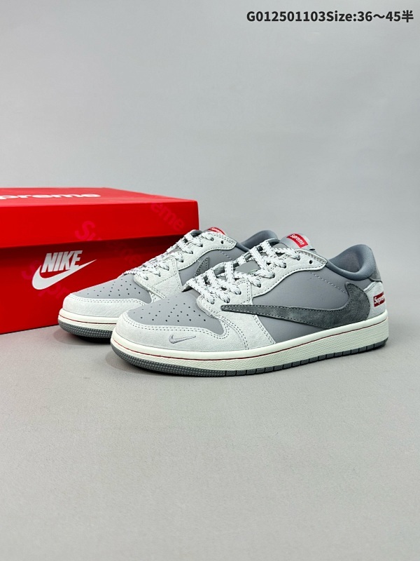 25036-45半 定制球鞋 Supreme x Travis Scott x Air Jordan 1 Low Sup x AJ1 低帮 米灰红倒勾联名货号JH6089-005