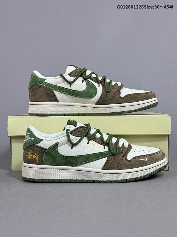 26036-45半 定制球鞋 Stussy x Travis Scott x Air Jordan 1 Low 斯图西 x AJ1 低帮 棕白绿解构倒勾联名货号XS3186-202