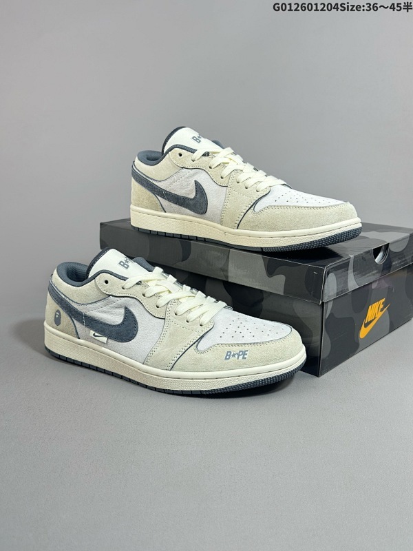 27036-45半 定制球鞋 Bape x Air Jordan 1 Low Bape x AJ1 低帮 联名米白灰货号DM9188-008