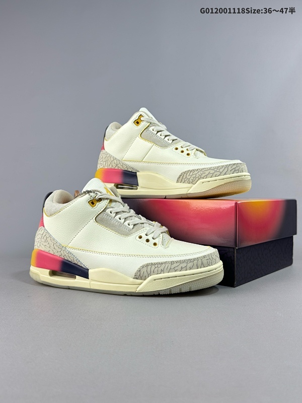 20036-47.5半 J Balvin x Air Jordan 3 联名款 渐变彩虹笑脸 AJ3 乔丹3代 aj3 联名白蓝红 乔丹篮球鞋系列货号FN0344-901