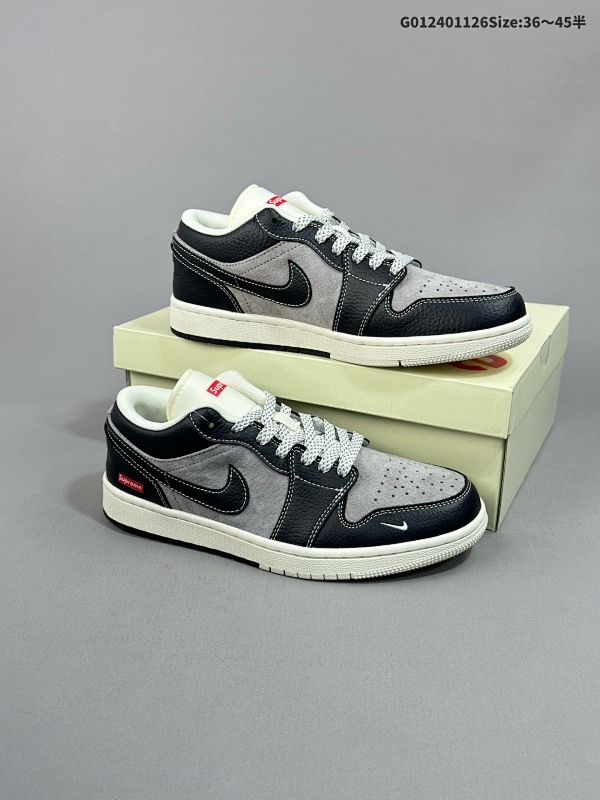 25036-45半 公司级 头层定制球鞋 Supreme x Air Jordan 1 Low Sup x AJ1 低帮 联名黑灰货号SJ9950-032