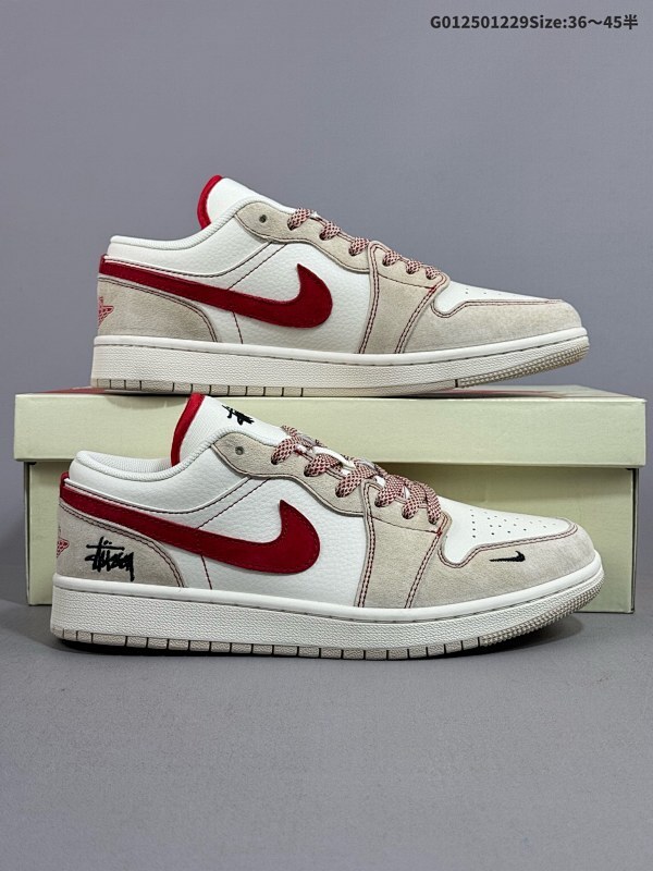 25036-45半 定制球鞋 Stussy x Air Jordan 1 Low 斯图西 x AJ1 低帮 联名灰白红货号SJ9950-040