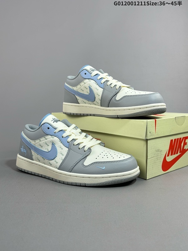 20036-45半 定制球鞋 Stussy x Air Jordan 1 Low 斯图西 x 乔丹 低帮 联名灰白蓝货号JJ8688-007