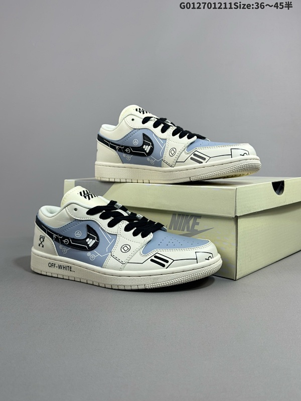 27036-45半 定制球鞋 Off White x Air Jordan 1 Low OW x AJ1 低帮 联名白蓝黑 AJ1货号DM9188-001