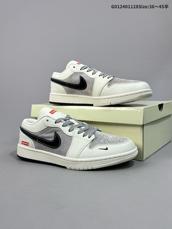 25036-45半 定制球鞋 Supreme x Air Jordan 1 Low Sup x AJ1 低帮 联名灰白黑乔丹篮球鞋系列 货号SJ9950-043