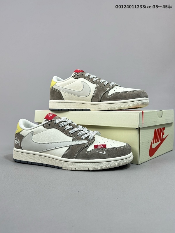 25036-45半 公司级 头层定制球鞋 Stussy x Travis Scott x Air Jordan 1 Low 斯图西 x AJ1 低帮 灰白黄倒勾联名货号SJ2068-136