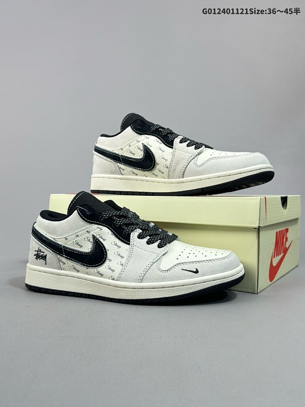 25036-45半 公司级 头层定制球鞋 Stussy x Air Jordan 1 Low 斯图西 x 乔丹 低帮 联名灰白黑 AJ1货号SJ9950-026