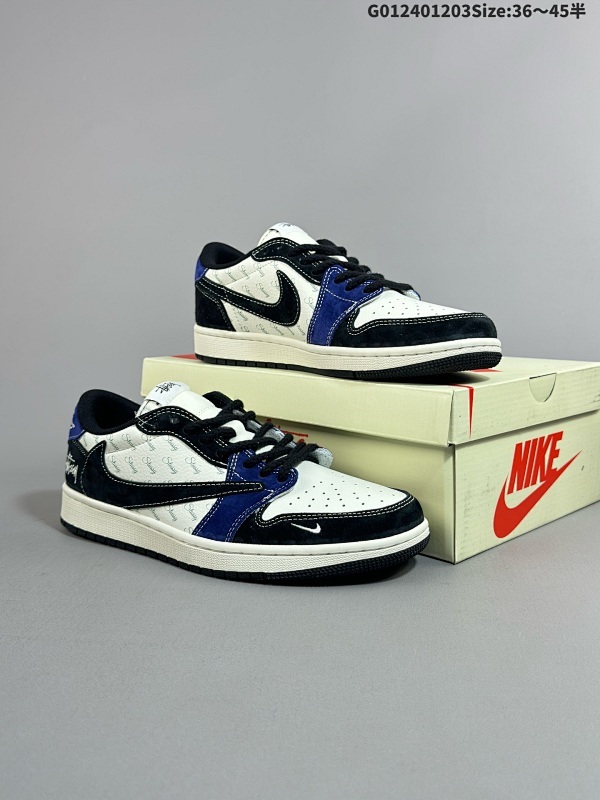 25036-45半 定制球鞋 Stussy x Travis Scott x Air Jordan 1 Low 斯图西 x AJ1 低帮 黑白蓝倒勾联名 货号SJ2068-126