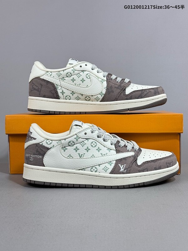 20036-45半 定制球鞋 Louis Vuitton x Travis Scott x Air Jordan 1 Low低帮 浅灰牛仔倒勾联名货号SJ2068-105