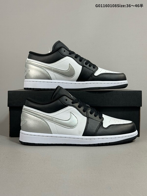 16036-46半 Air Jordan 1 Low "Silvery" 低帮 黑白银男货号553558-131 女货号553560-131