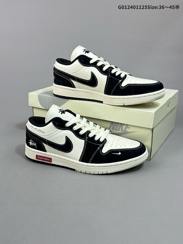 25036-45半 定制球鞋 Stussy x Supreme x Air Jordan 1 Low 斯图西 x Sup x AJ1 低帮 三方联名 黑白货号SJ9950-033