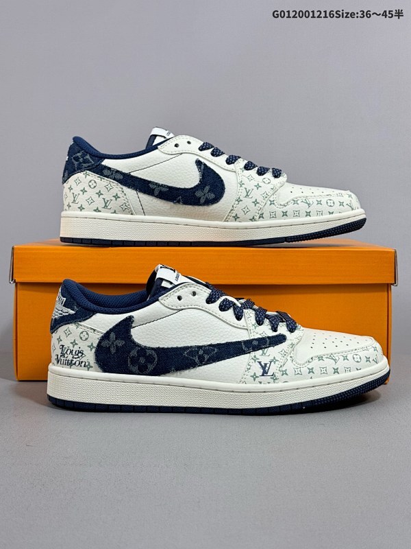 20036-45半 定制球鞋 Louis Vuitton x Travis Scott x Air Jordan 1 Low 路易威登LV x AJ1 低帮 白蓝牛仔货号SJ2068-004
