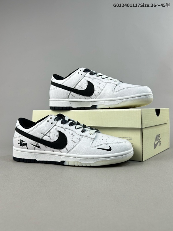 25036-45半 公司级 头层定制球鞋 Stussy x Nike Dunk SB Low 斯图西 x 耐克 SB 低帮 联名白黑 鞋身以白色皮革作为主色调货号NK3638-045