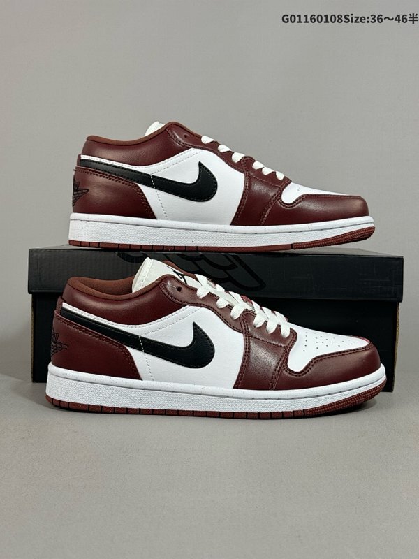16036-46半    Air Jordan 1 Low 低帮 酒红黑勾 AJ1 乔丹1代 aj1 乔1 低邦 白红黑 乔丹篮球鞋系列货号HF3148-102