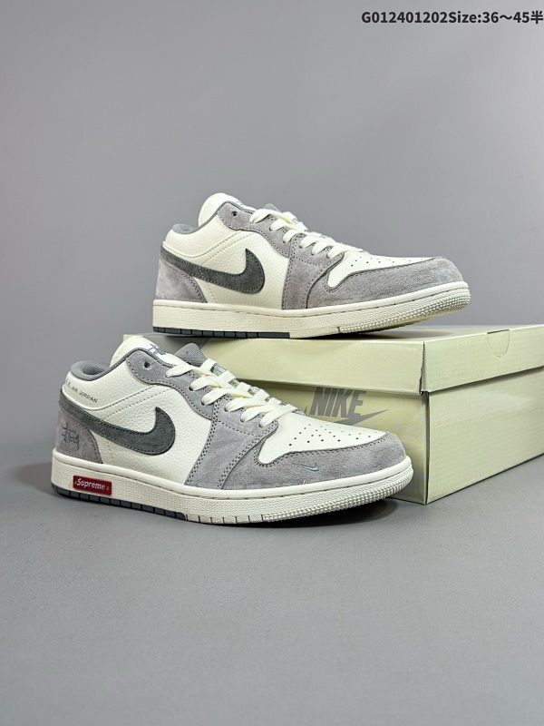 25036-45半 定制球鞋 Stussy x Supreme x Air Jordan 1 Low 斯图西 x Sup x AJ1 低帮 三方联名 米白灰货号SJ9950-031