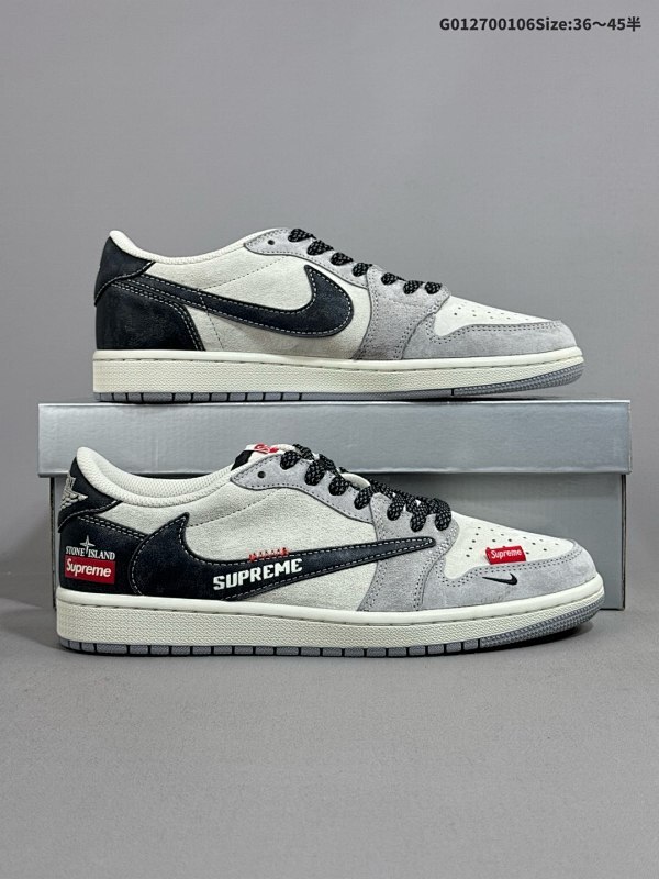 27036-45半 定制球鞋 Stone Island x Supreme x Travis Scott x Air Jordan 1 Low低帮 灰白黑倒勾货号DM7866-050