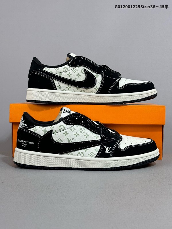20036-45半 定制球鞋 Louis Vuitton x Travis Scott x Air Jordan 1 Low低帮 LV黑白倒勾货号LX1988-200