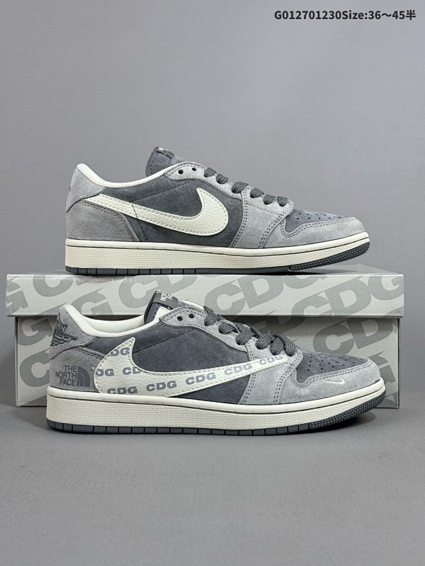 27036-45半 定制球鞋 The North Face x Travis Scott x Air Jordan 1 Low 北面 x AJ1 低帮 灰白倒勾联名货号XS3086-008