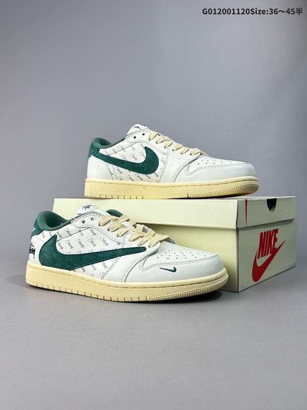 20036-45半 头层带半码定制球鞋 Stussy x Travis Scott x Air Jordan 1 Low 斯图西 x AJ1 低帮 米绿倒勾联名货号YQ2088-669