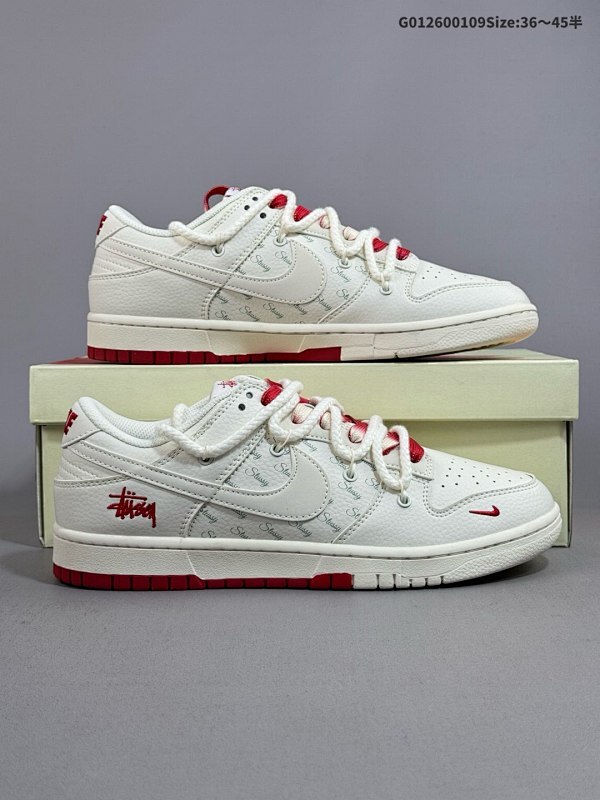 26036-45半 定制球鞋 Stussy x Nike Dunk SB Low 斯图西 x 耐克 SB 低帮 联名米白红解构鞋带货号SJ2068-259A