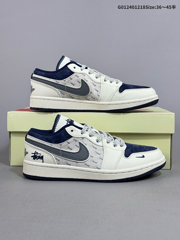 24036-45半 定制球鞋 Stussy x Air Jordan 1 Low 斯图西 x AJ1 低帮 联名蓝白灰货号XS6086-001