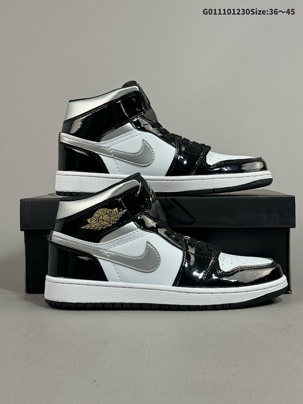 11036-45 Air Jordan 1 Mid "Black Patent" 中帮 黑白银 AJ1 乔丹1代 aj1 乔1 中邦 黑白银 乔丹篮球鞋系列货号HV0789-010