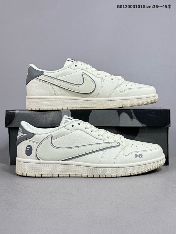 20036-45半 定制球鞋 Bape x Travis Scott x Air Jordan 1 Low Bape x AJ1 低帮 米白灰倒勾联名货号LJ5188-012