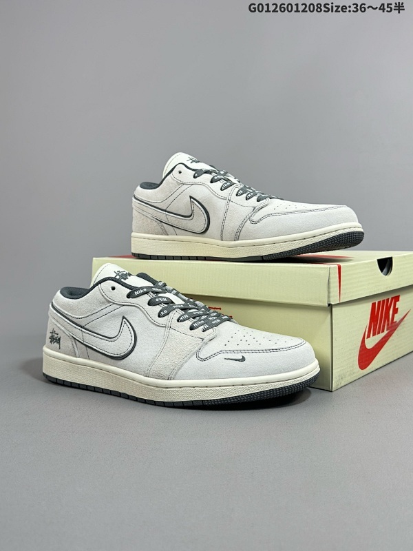 27036-45半 定制球鞋 Stussy x Air Jordan 1 Low 斯图西 x AJ1 低帮 联名米白灰货号DM9188-005