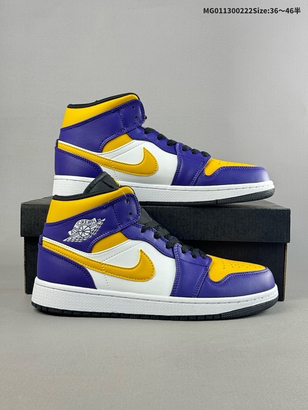 13036-46半 Air Jordan 1 Mid "Lakers" 中帮 黄紫白 AJ1货号DQ8426-517