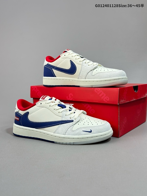 25036-45半 定制球鞋 Supreme x Travis Scott x Air Jordan 1 Low Sup x AJ1 低帮 米蓝红倒勾联名货号CH6336-016
