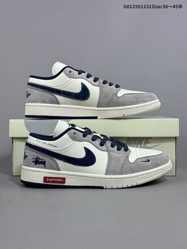 25036-45半 定制球鞋 Stussy x Supreme x Air Jordan 1 Low 斯图西 x Sup x AJ1 低帮 三方联名 灰白蓝货号SJ9950-035