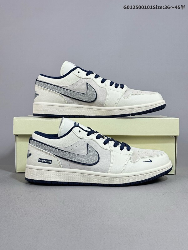 25036-45半 定制球鞋 Supreme x Air Jordan 1 Low Sup x AJ1 低帮 联名米灰蓝货号XX3318-368