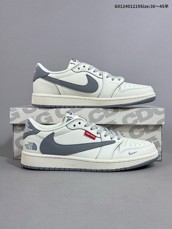 24036-45半The North Face x Supreme x Travis Scott x Air Jordan 1 Low低帮 米白灰货号XZ5158-002