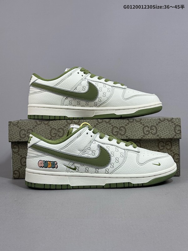20036-45半 定制球鞋 Gucci x Nike Dunk SB Low 古驰古奇 x 耐克 SB 低帮 联名米白绿帆布货号KK1888-006