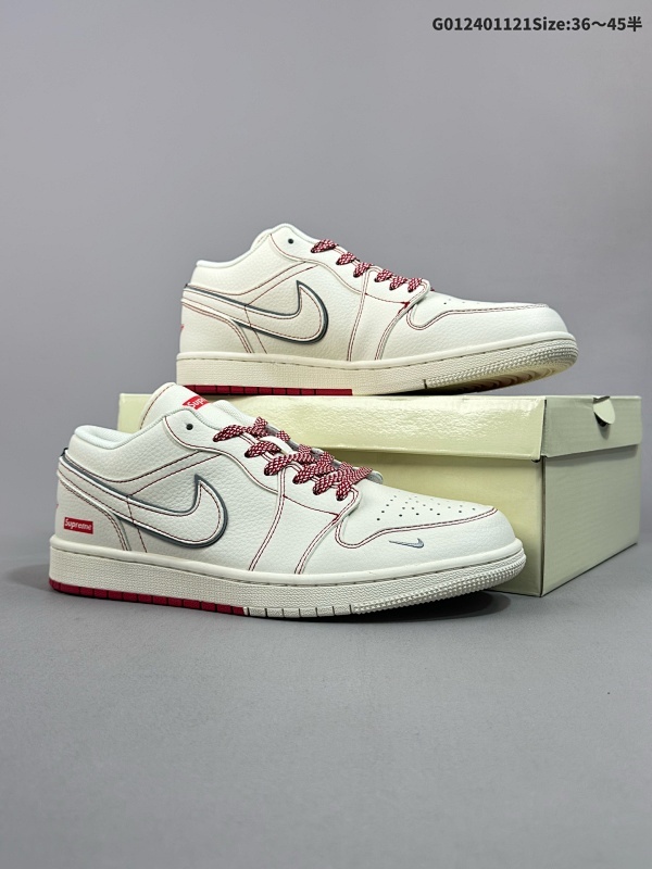 25036-45半 公司级 头层定制球鞋 Supreme x Air Jordan 1 Low Sup x AJ1 低帮 联名米白红 货号SJ9950-025