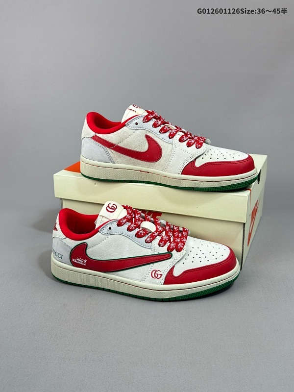 27036-45半 公司级 头层定制球鞋 Gucci x Travis Scott x Air Jordan 1 Low 古奇古驰 x AJ1 低帮 圣诞米白红货号AG3702-800
