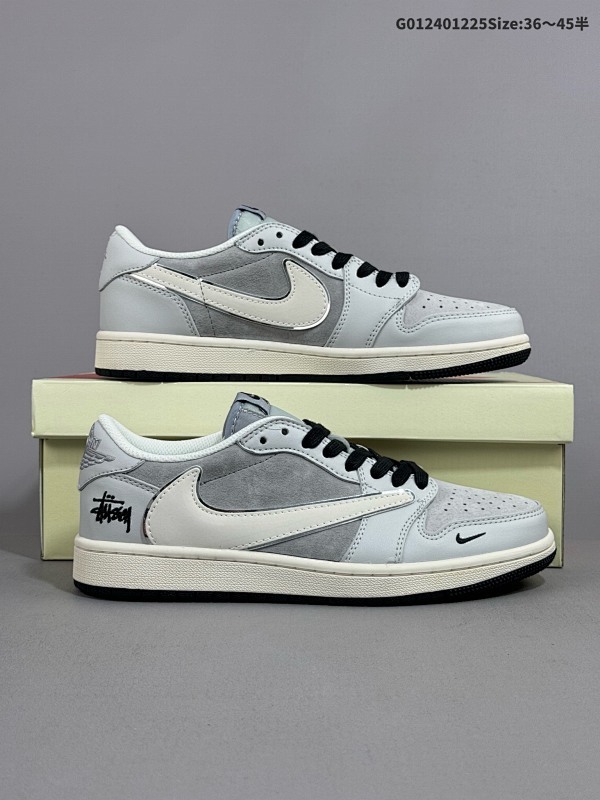 24036-45半 定制球鞋 Stussy x Travis Scott x Air Jordan 1 Low 斯图西 x AJ1 低帮 灰黑倒勾联名货号XZ6898-001