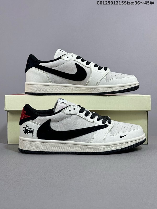 25036-45半 定制球鞋 Stussy x Travis Scott x Air Jordan 1 Low 斯图西 x AJ1 低帮 灰白黑倒勾联名货号XZ6868-002