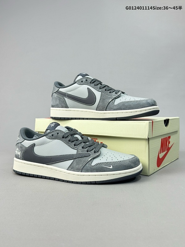 25036-45半 公司级 头层定制球鞋 Stussy x Travis Scott x Air Jordan 1 Low 斯图西 x AJ1 低帮 灰色倒勾联名货号SJ2068-120