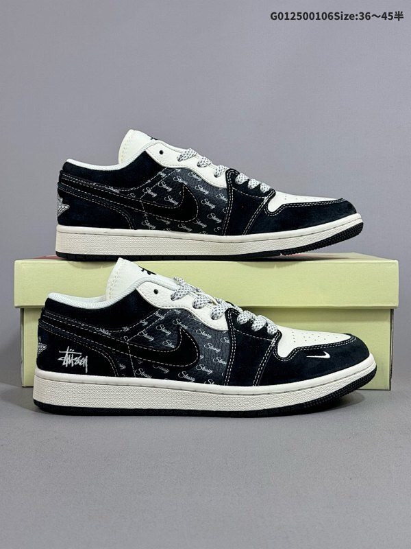 25036-45半 定制球鞋 Stussy x Air Jordan 1 Low 斯图西 x 乔丹 低帮 黑白 AJ1货号FC1688-199