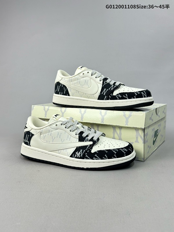 20036-45半 头层带半码 定制球鞋 MLB NY x Travis Scott x Air Jordan 1 Low MLB x AJ1 低帮 黑白牛仔倒勾联名货号SJ2068-104