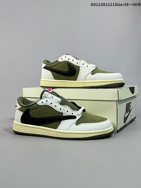 13036-46半 Travis Scott x Air Jordan 1 Low 低帮 橄榄绿倒勾联名 AJ1 乔丹1代 aj1 乔1 低邦 白绿黑倒勾联名货号DM7866-200