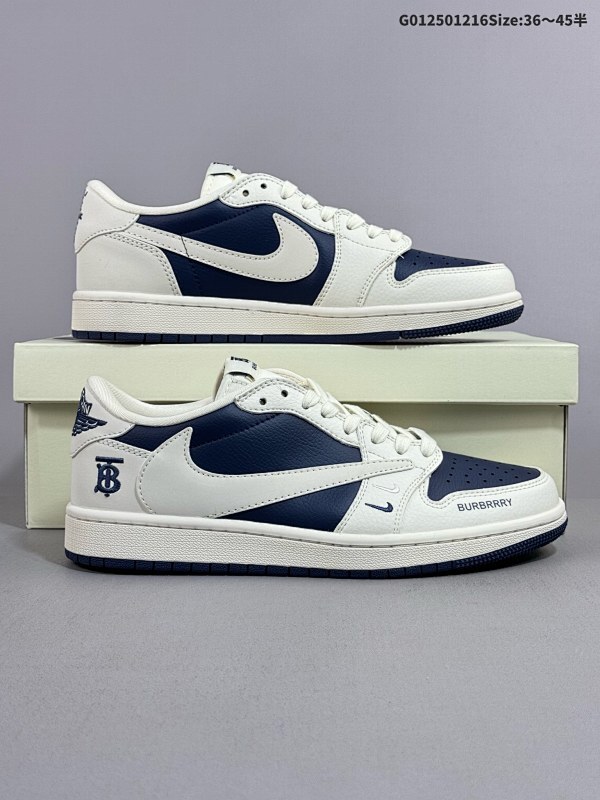 25036-45半 公司级 头层 定制球鞋 Burberry x Travis Scott x Air Jordan 1 Low 巴宝莉 x AJ1 低帮 米白蓝货号BB6588-312
